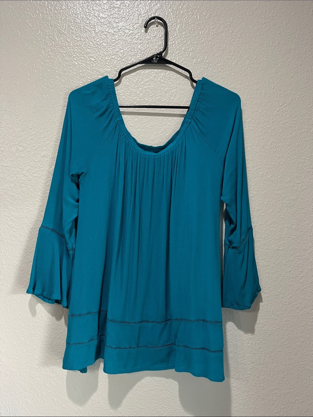 Wrangler Retro Teal Scoop-Neck Peasant Tunic Sz M Boho Vacay Off Shoulder chic